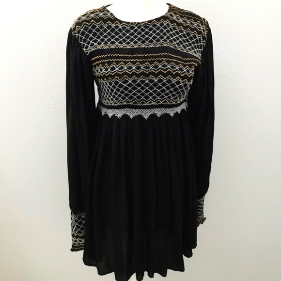 🆕 Free People Long Sleeve Black Dress. Smocked & Embroidery Detailed. NWT - Picture 7 of 15
